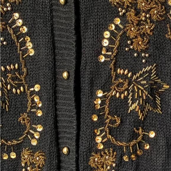 Vintage Gold Beaded and Sequin Black Cardigan Knit Sweater Women's Medium - Picture 8 of 11